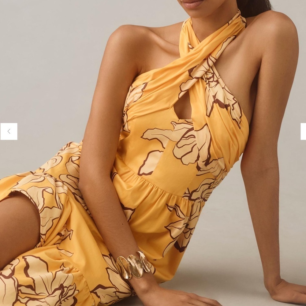 Hutch Yellow Floral Cross-Neck Backless Halter Dress